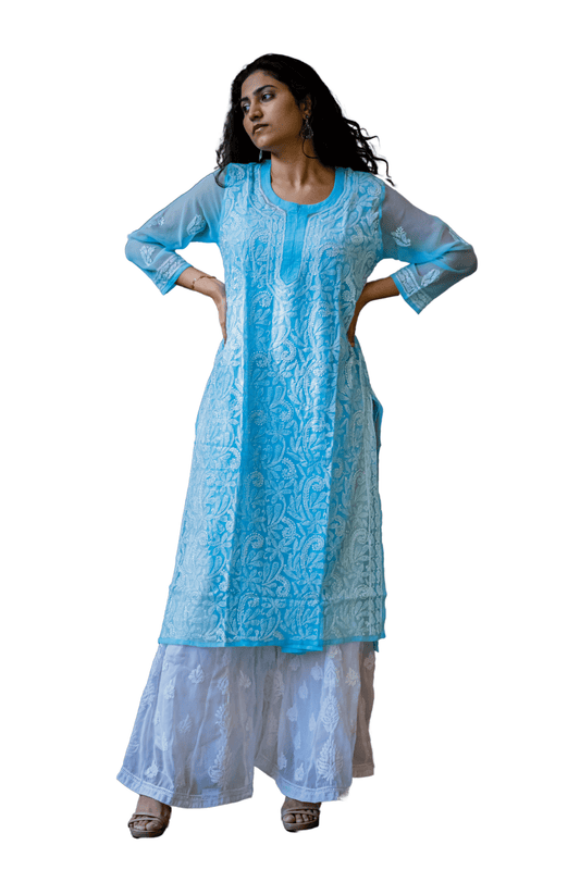 Kulsum Georgette Solid Blue Kurta - Lucknow Threads2000_BLU