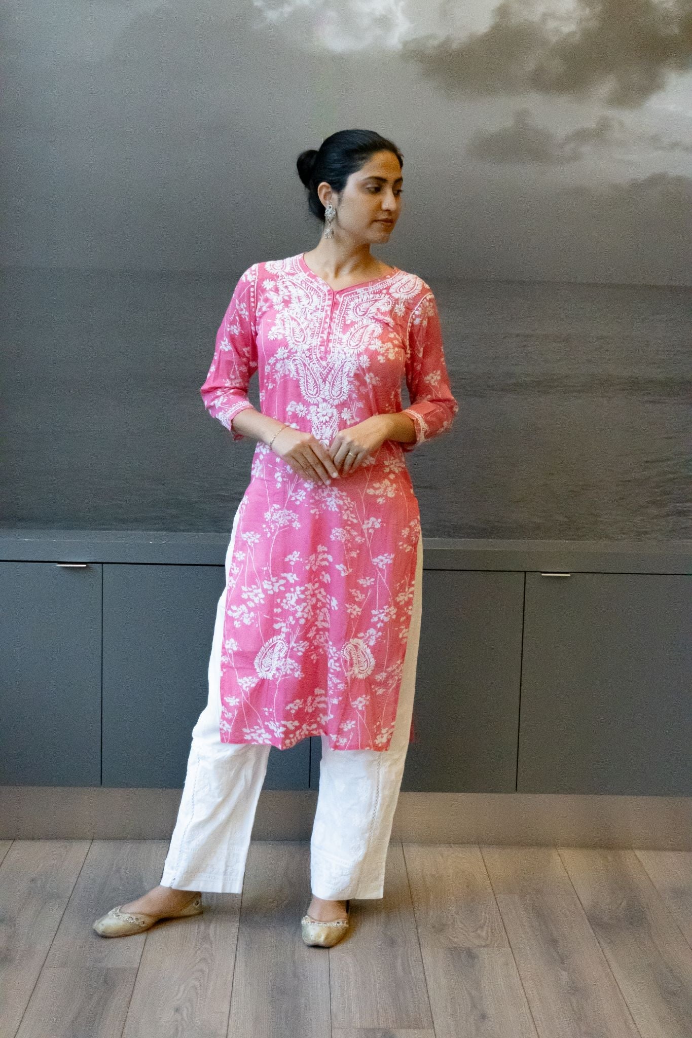Noori Mul Cotton Printed Pink Kurta - Lucknow Threads400_PNK - 1
