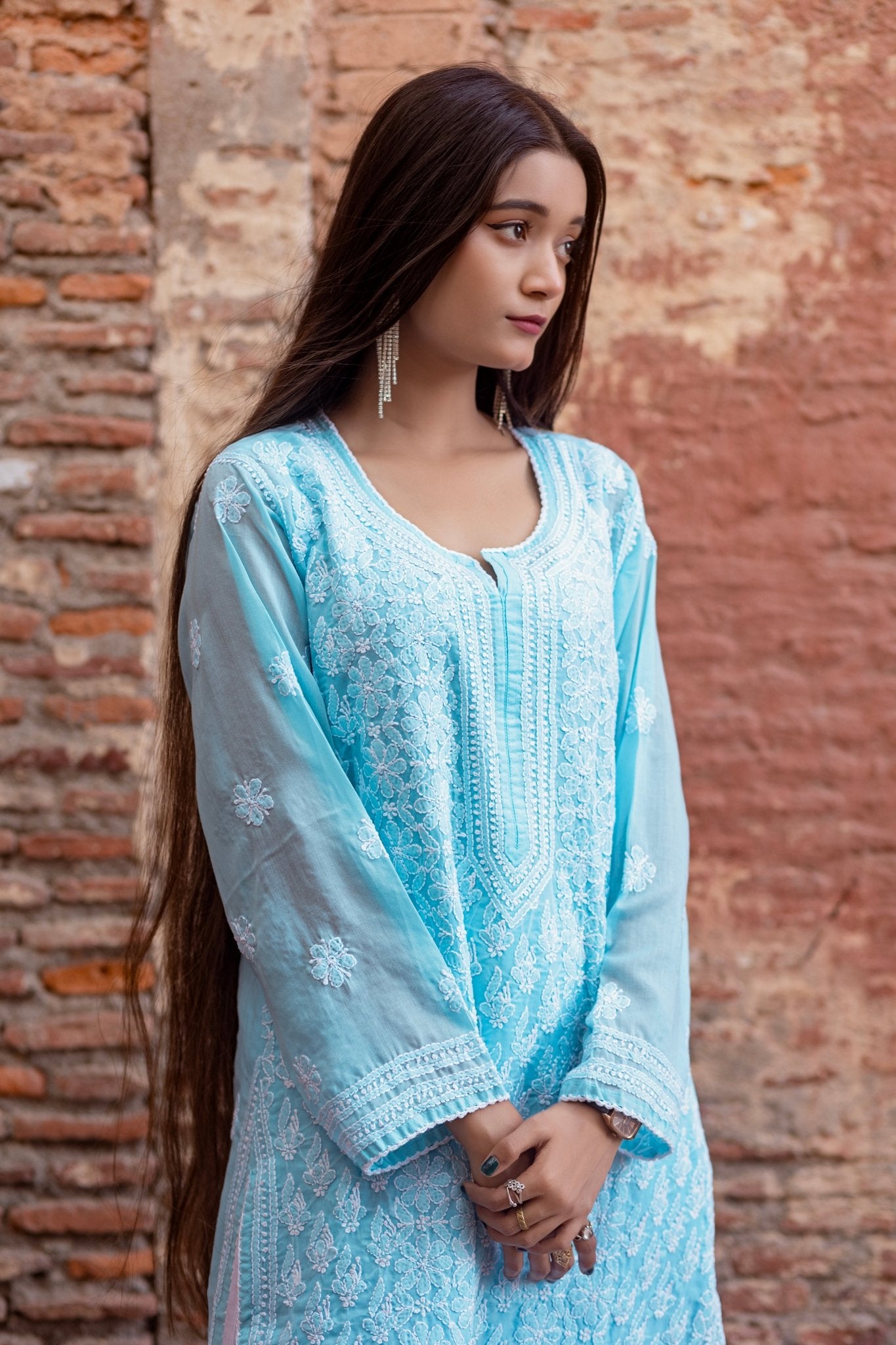 Sahiba Full Jaal Blue Cotton Kurta - Lucknow Threads900_BLUE