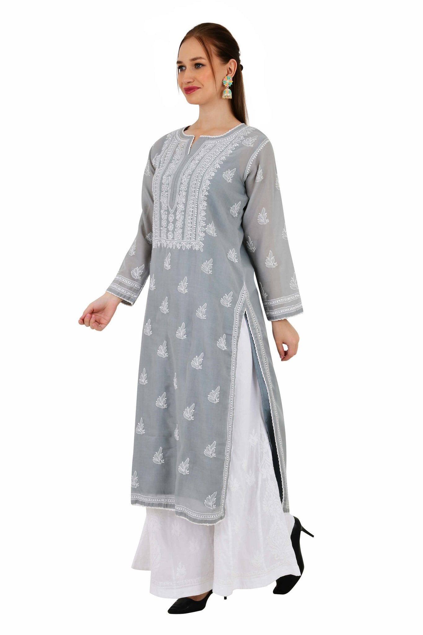 Sahiba Full Jaal Grey Cotton Kurta - Lucknow Threads900_GRY