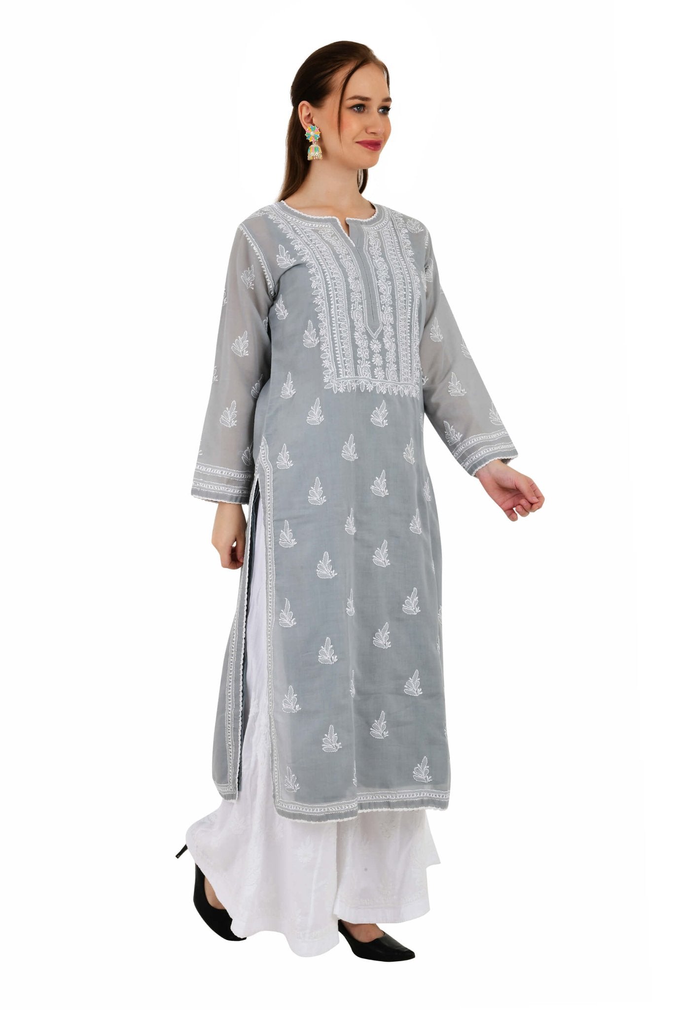 Sahiba Full Jaal Grey Cotton Kurta - Lucknow Threads900_GRY