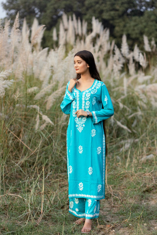 Simra Cool Aqua Blue Modal Cotton Cord Set - Lucknow Threads600_BLU