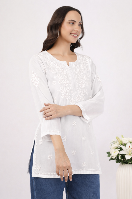 Inaya Chikankari Short Kurti – Ivory White