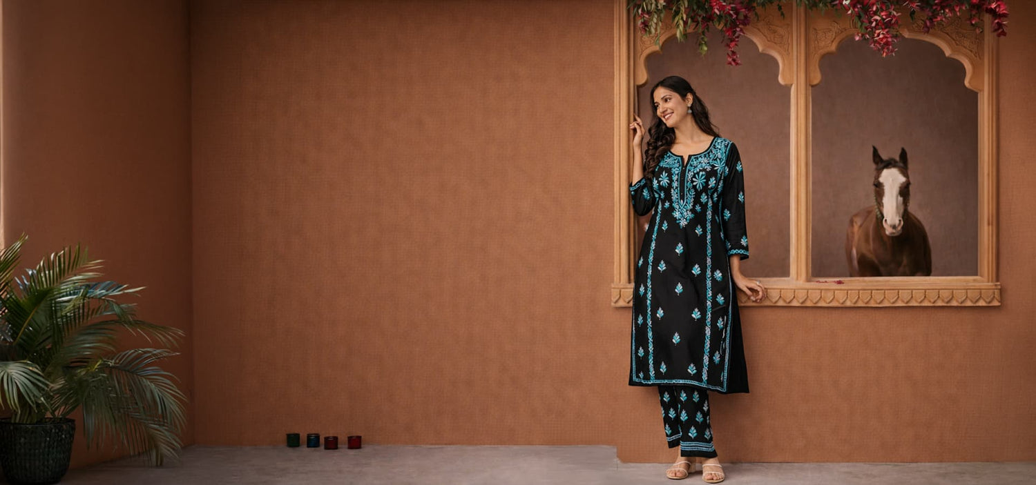 Layla Black and Blue Women Chikankari Coord Set