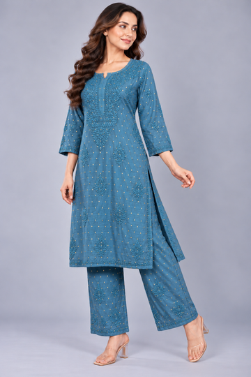 Ziva Dusty blue Chanderi Silk Chikankari Coord set