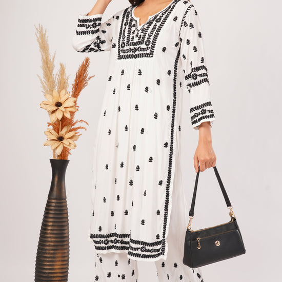 Afreen - White Rayon Chikankari Co - ord Set - Lucknow Threads