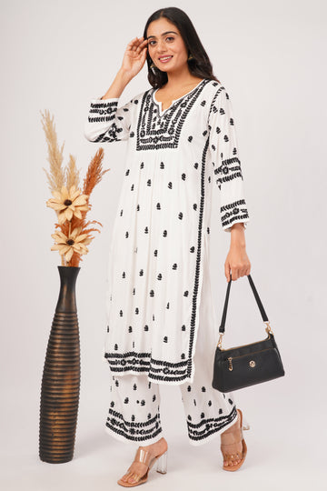 Afreen - White Rayon Chikankari Co - ord Set - Lucknow Threads
