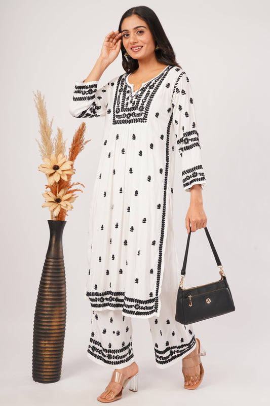 Afreen - White Rayon Chikankari Co - ord Set - Lucknow Threads