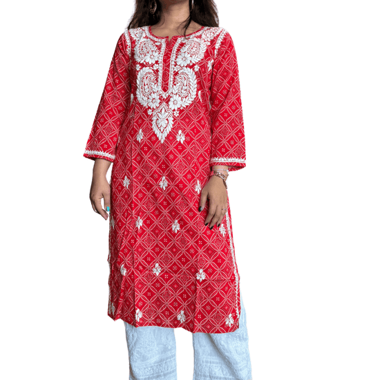 Anaya Bandani Chikankari Kurta Printed Red - Lucknow Threads100_RED - 1