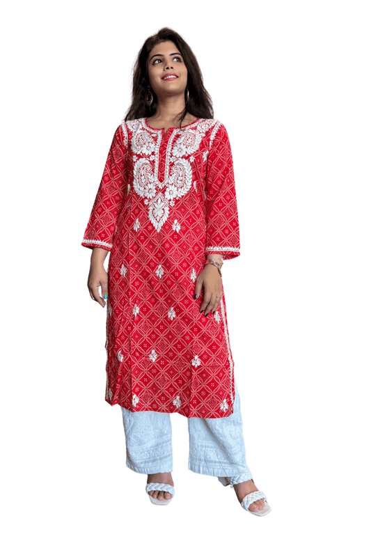 Anaya Bandani Chikankari Kurta Printed Red - Lucknow Threads100_RED - 1