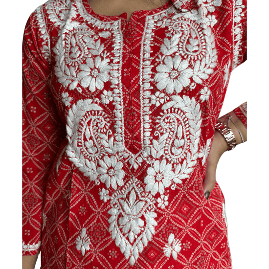Anaya Bandani Chikankari Kurta Printed Red - Lucknow Threads100_RED - 1