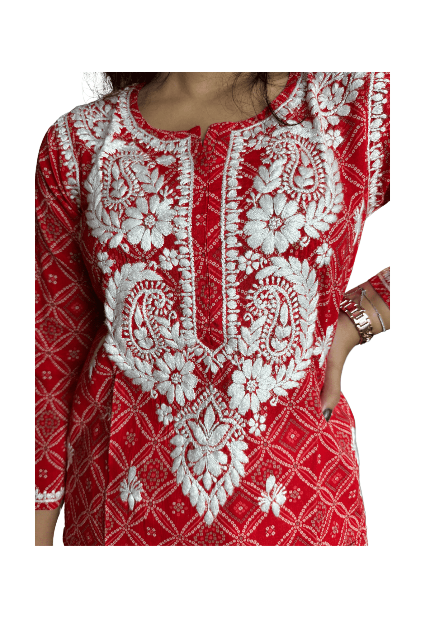 Anaya Bandani Chikankari Kurta Printed Red - Lucknow Threads100_RED - 1