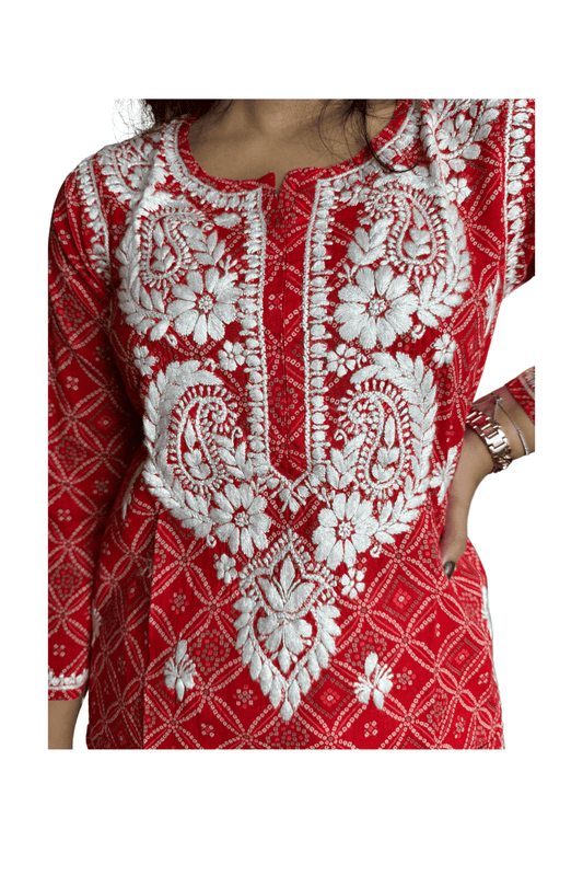 Anaya Bandani Chikankari Kurta Printed Red - Lucknow Threads100_RED - 1