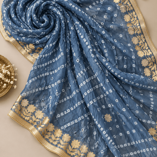 Ash Blue Bandhej Art Silk Dupatta with Gold Border - Lucknow Threads