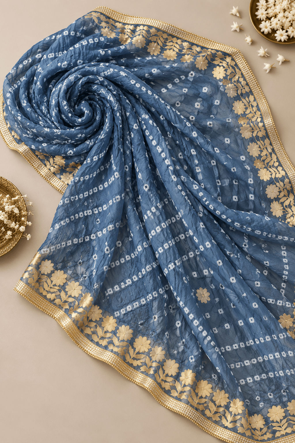 Ash Blue Bandhej Art Silk Dupatta with Gold Border - Lucknow Threads