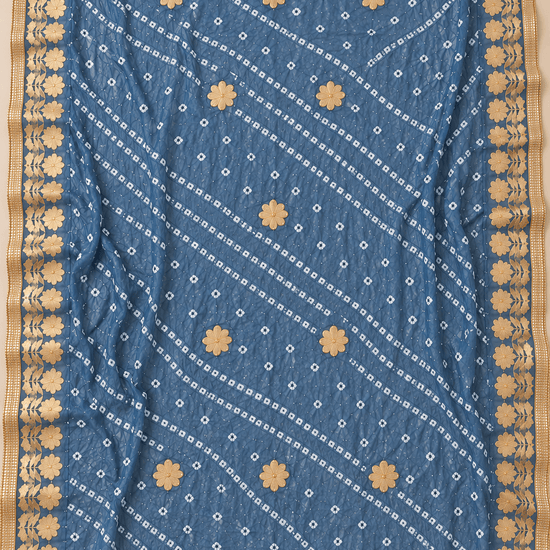 Ash Blue Bandhej Art Silk Dupatta with Gold Border - Lucknow Threads
