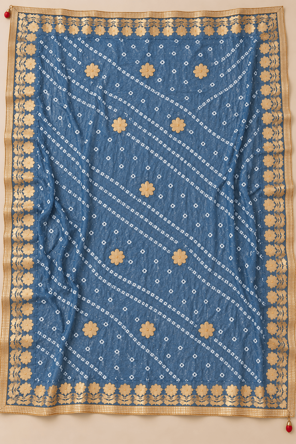 Ash Blue Bandhej Art Silk Dupatta with Gold Border - Lucknow Threads