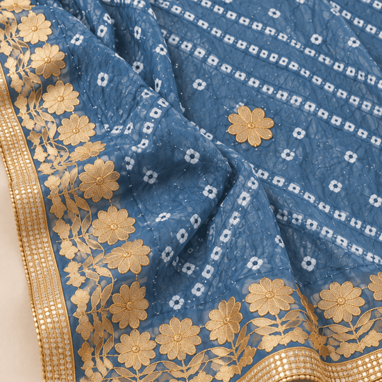 Ash Blue Bandhej Art Silk Dupatta with Gold Border - Lucknow Threads