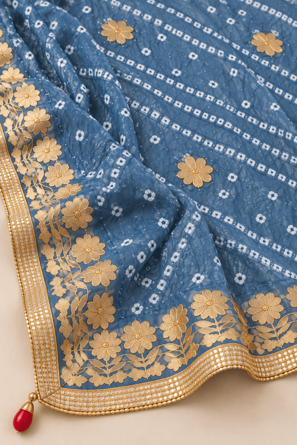 Ash Blue Bandhej Art Silk Dupatta with Gold Border - Lucknow Threads