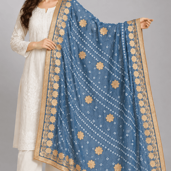Ash Blue Bandhej Art Silk Dupatta with Gold Border - Lucknow Threads