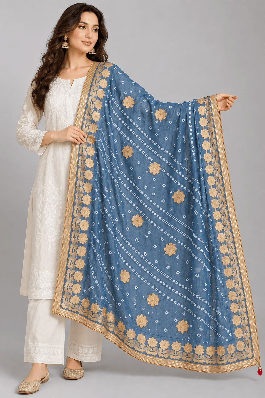 Ash Blue Bandhej Art Silk Dupatta with Gold Border - Lucknow Threads