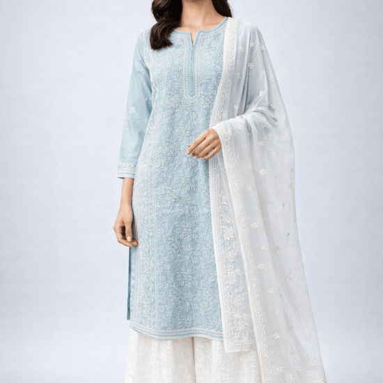 Asra – Ash Blue Full Jaal Chikankari Kurta with Inner - Lucknow Threads