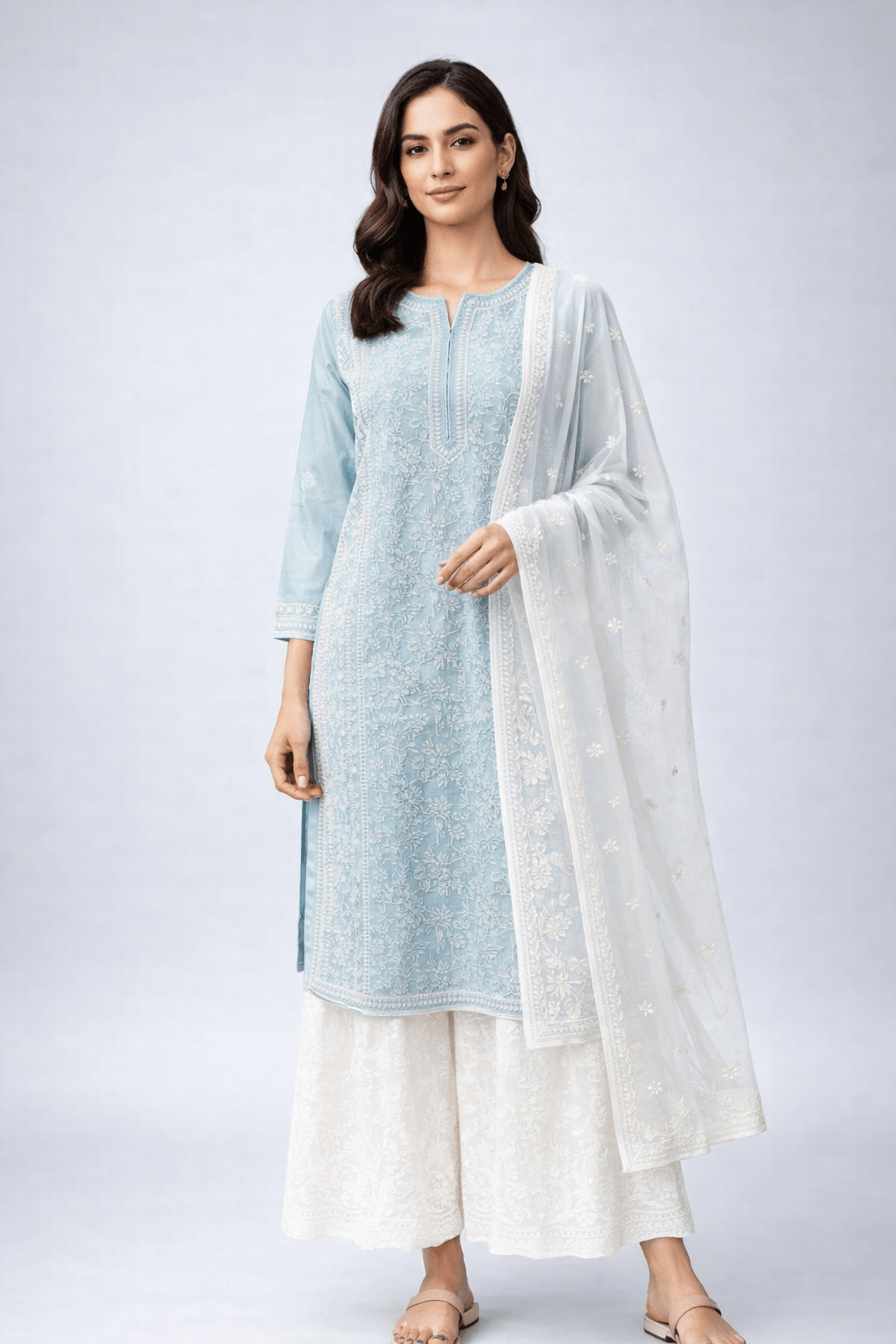 Asra – Ash Blue Full Jaal Chikankari Kurta with Inner - Lucknow Threads