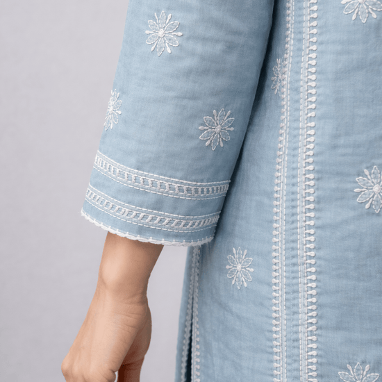Asra – Ash Blue Full Jaal Chikankari Kurta with Inner - Lucknow Threads