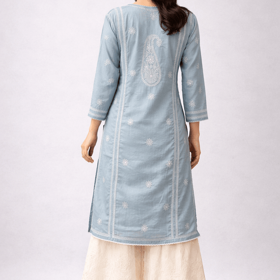 Asra – Ash Blue Full Jaal Chikankari Kurta with Inner - Lucknow Threads
