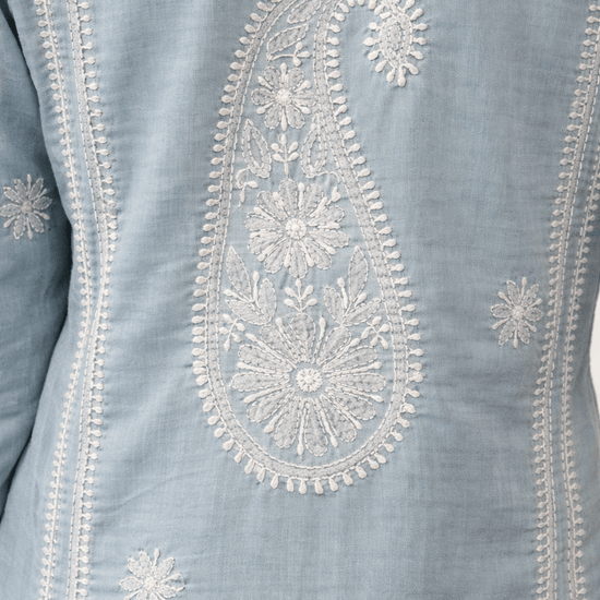 Asra – Ash Blue Full Jaal Chikankari Kurta with Inner - Lucknow Threads