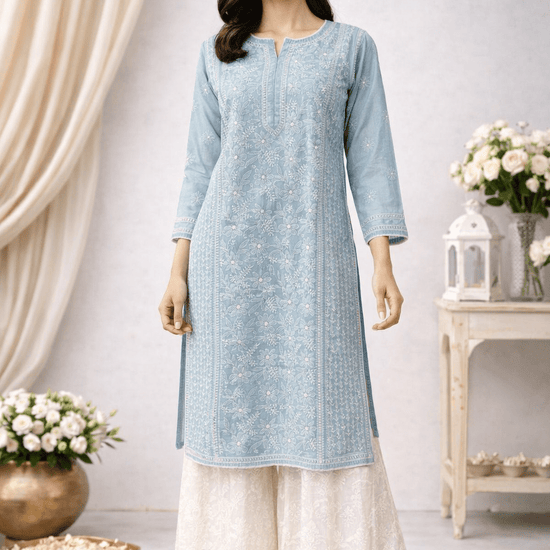 Asra – Ash Blue Full Jaal Chikankari Kurta with Inner - Lucknow Threads