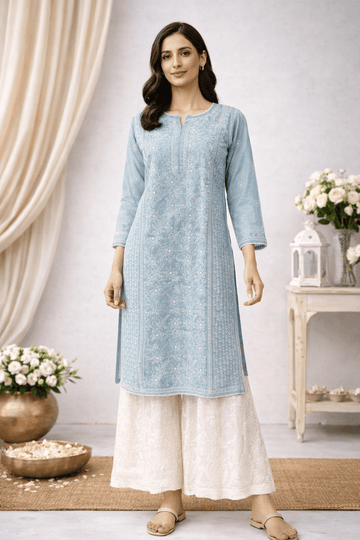 Asra – Ash Blue Full Jaal Chikankari Kurta with Inner - Lucknow Threads