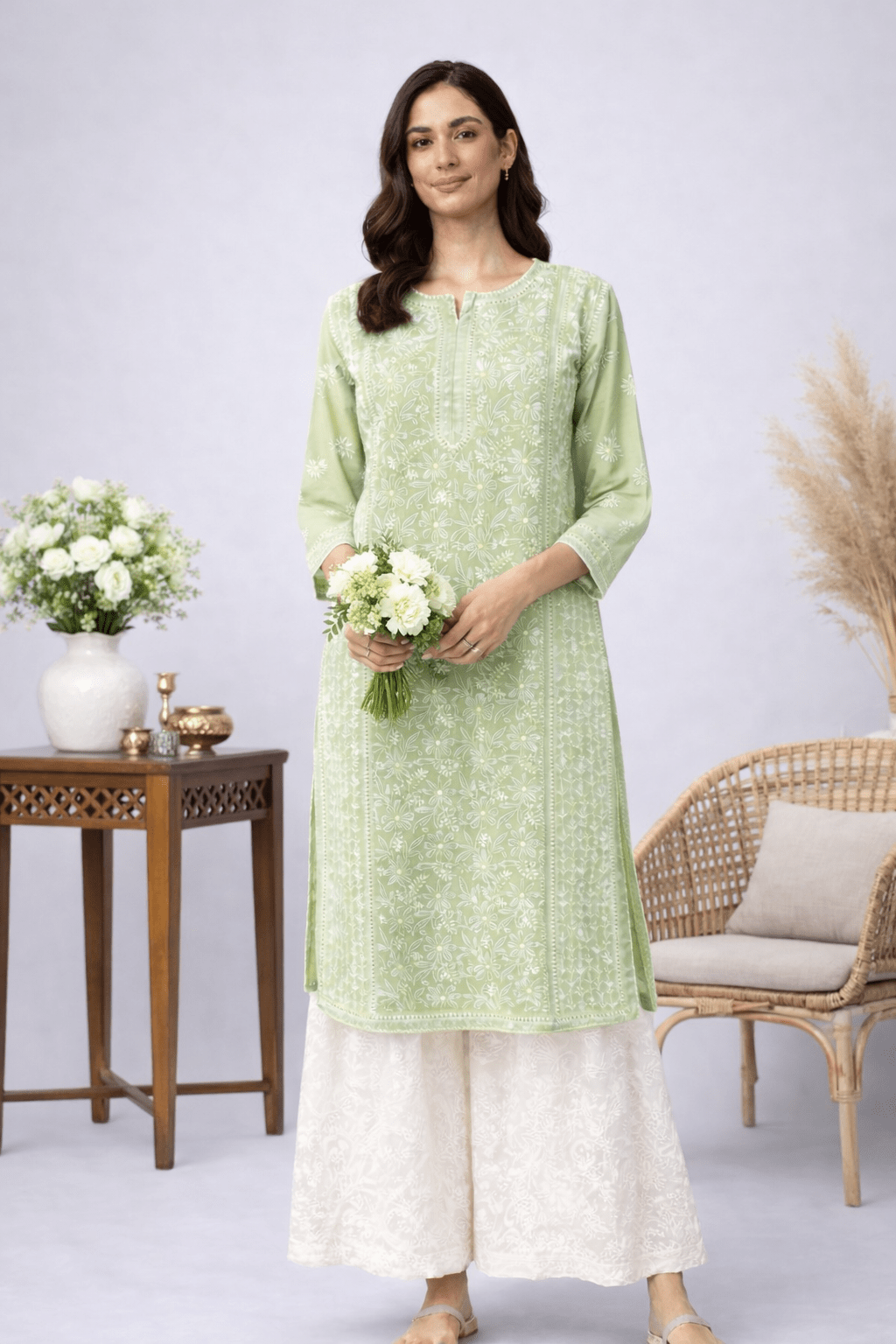 Asra – Ash Blue Full Jaal Chikankari Kurta with Inner - Lucknow Threads