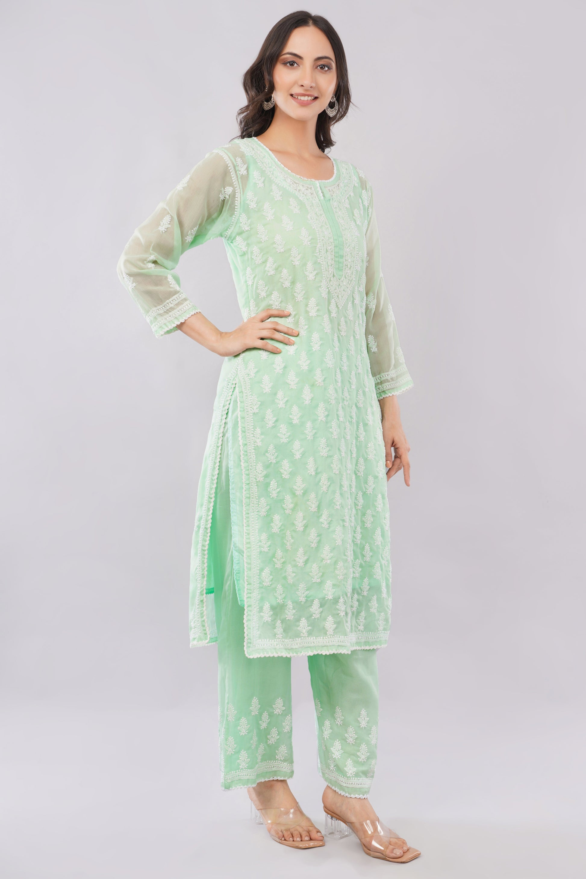 Asra Mint Green Shadow Work Chikankari Coord Set with Inner - Lucknow Threads