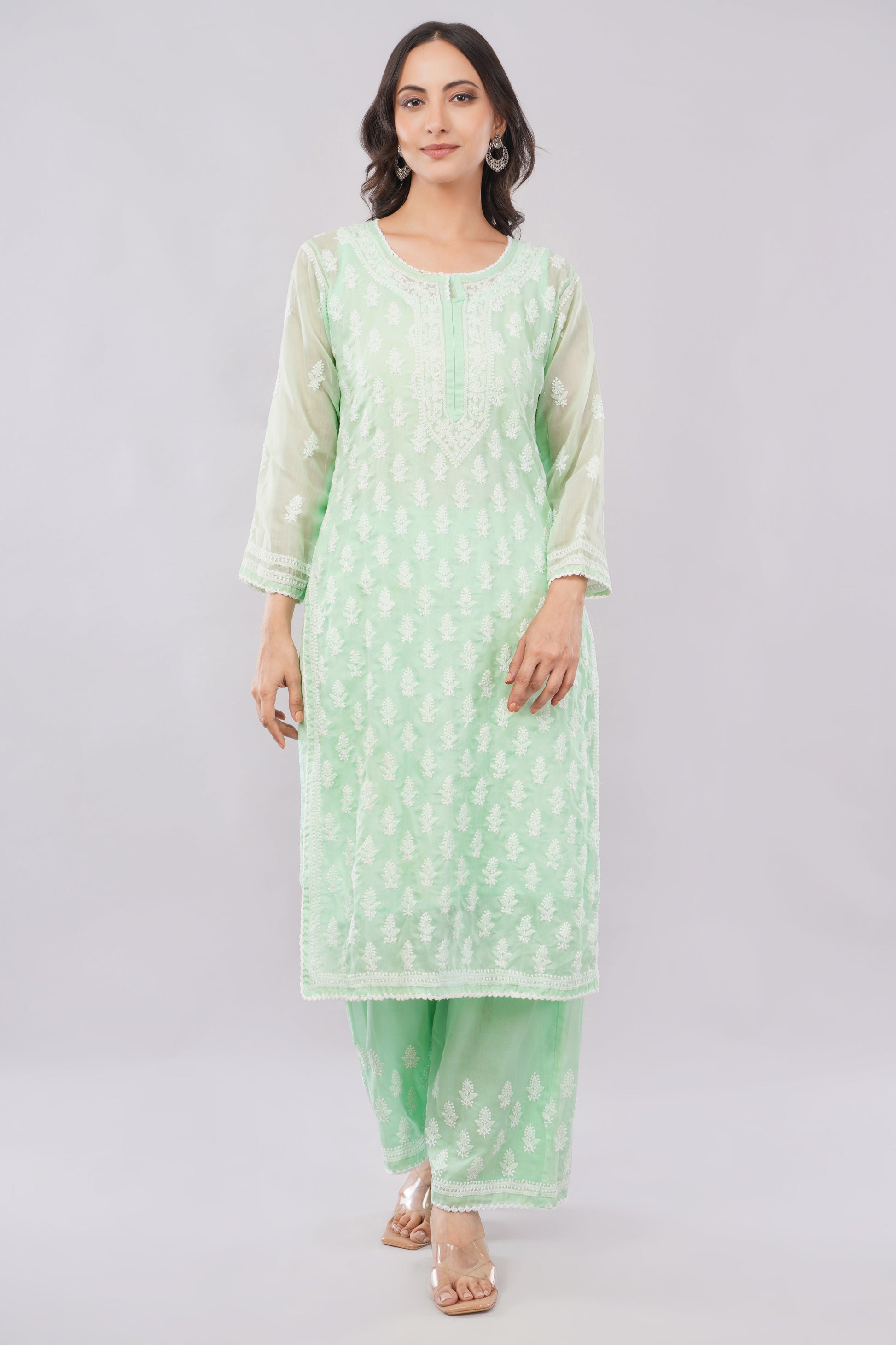 Asra Mint Green Shadow Work Chikankari Coord Set with Inner - Lucknow Threads
