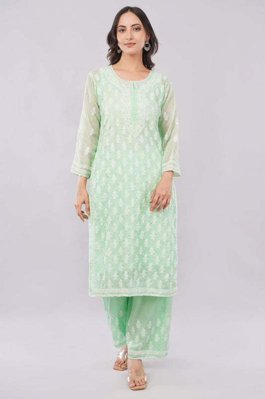 Asra Mint Green Shadow Work Chikankari Coord Set with Inner - Lucknow Threads