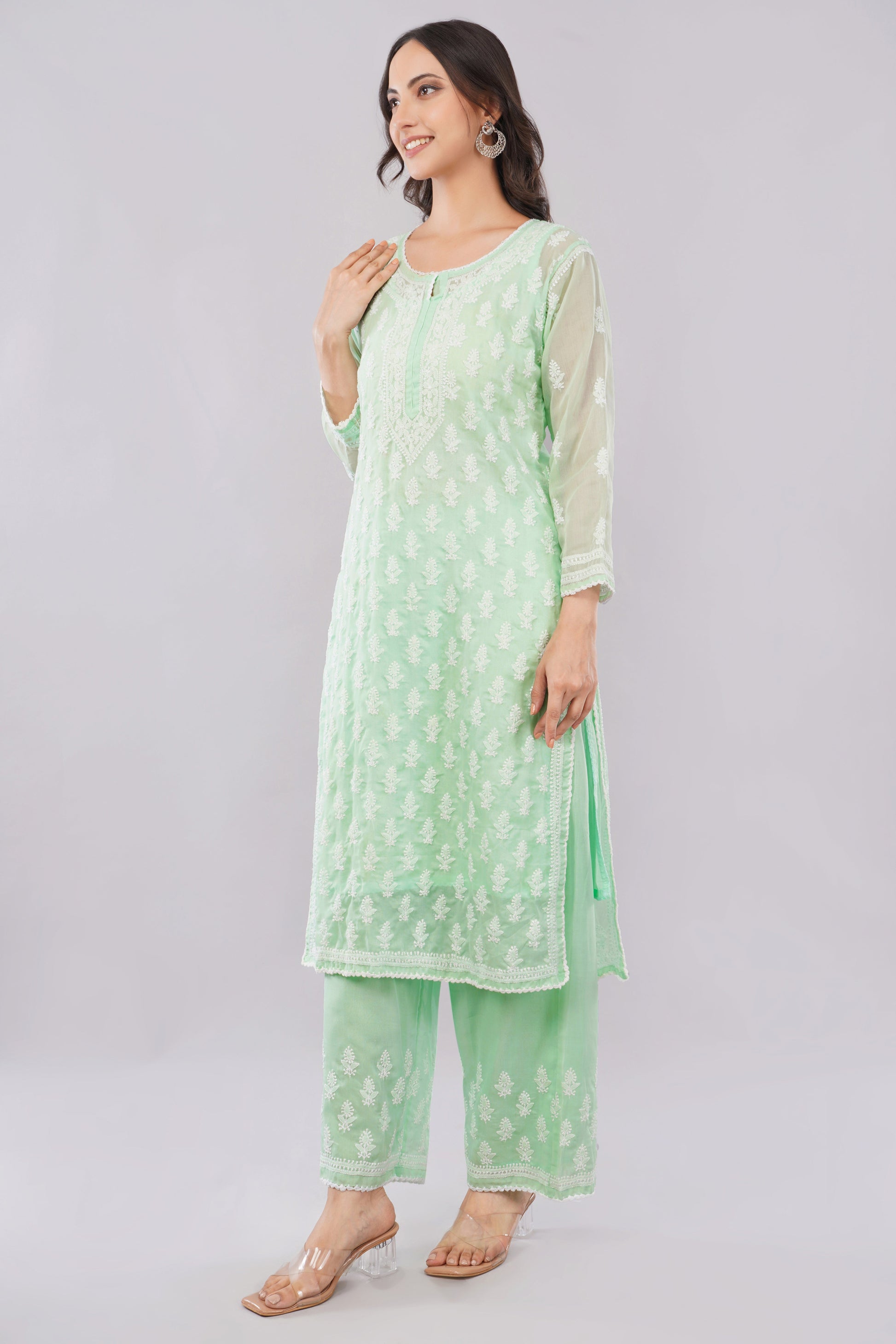 Asra Mint Green Shadow Work Chikankari Coord Set with Inner - Lucknow Threads