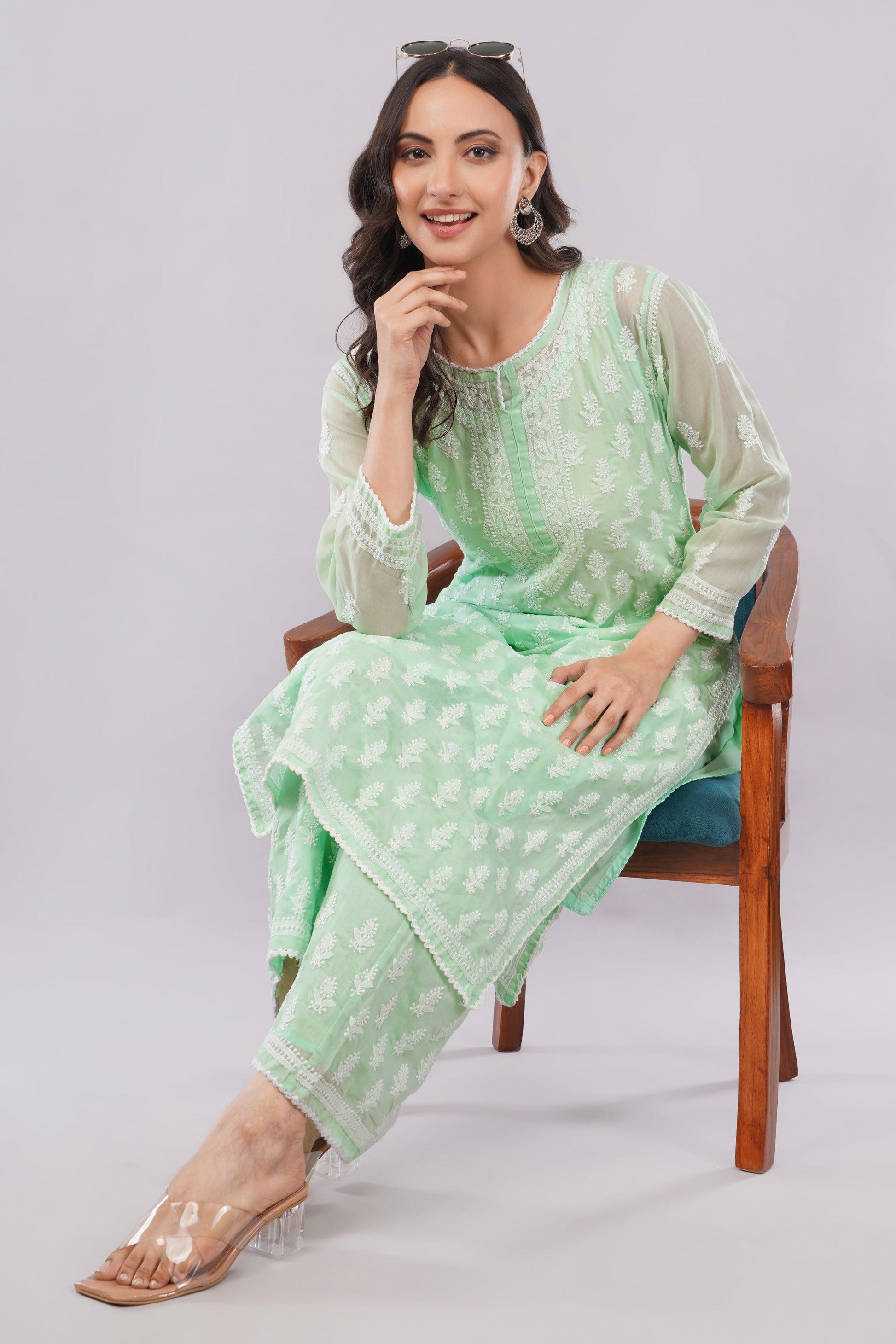 Asra Mint Green Shadow Work Chikankari Coord Set with Inner - Lucknow Threads