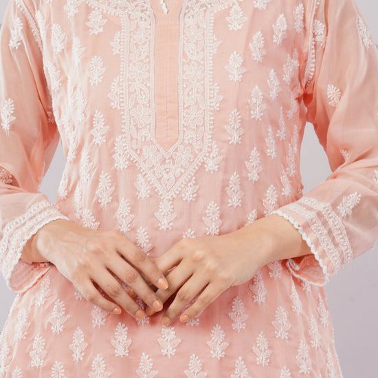 Asra Peach Pink Shadow Work Chikankari Coord Set with Inner - Lucknow Threads