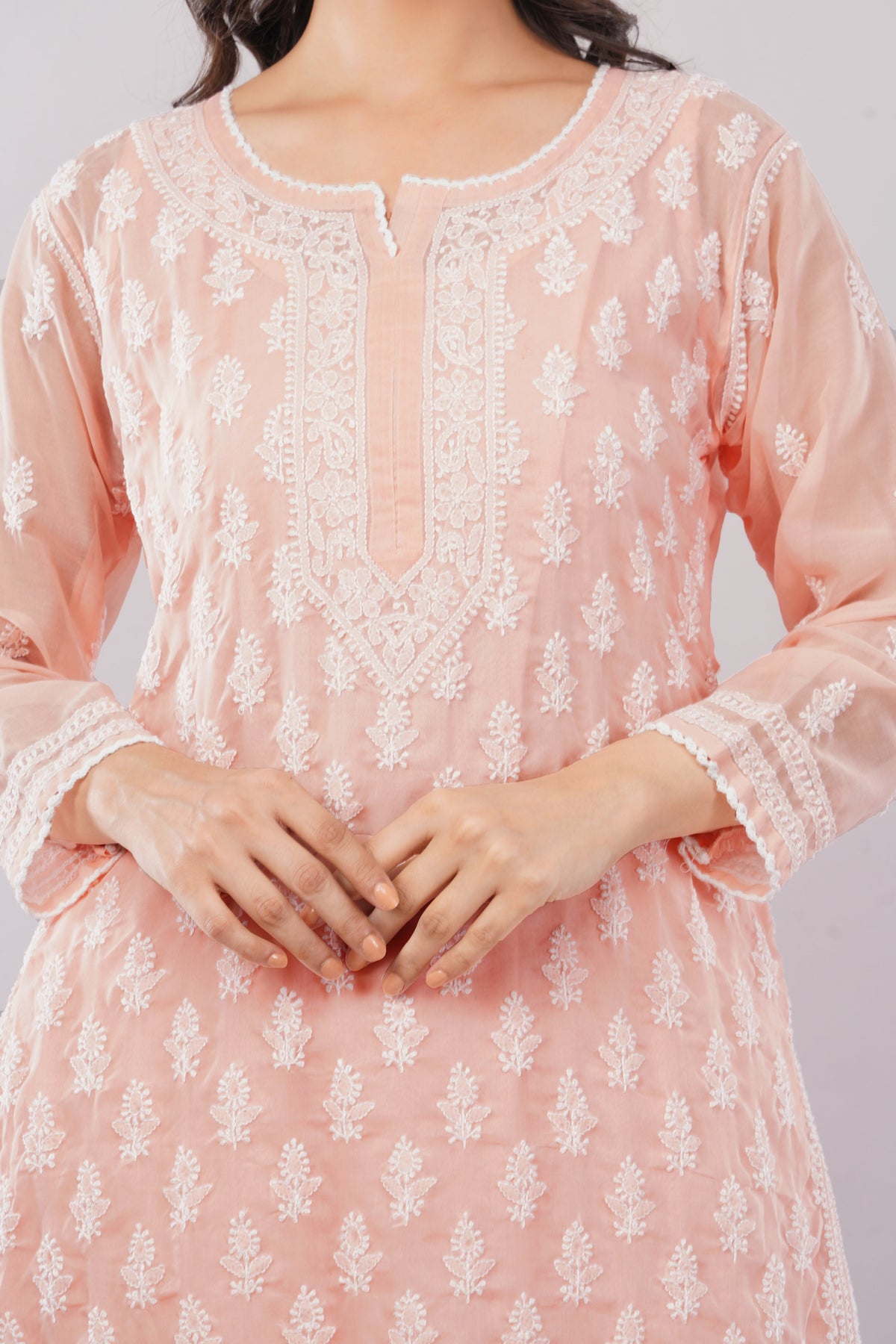 Asra Peach Pink Shadow Work Chikankari Coord Set with Inner - Lucknow Threads