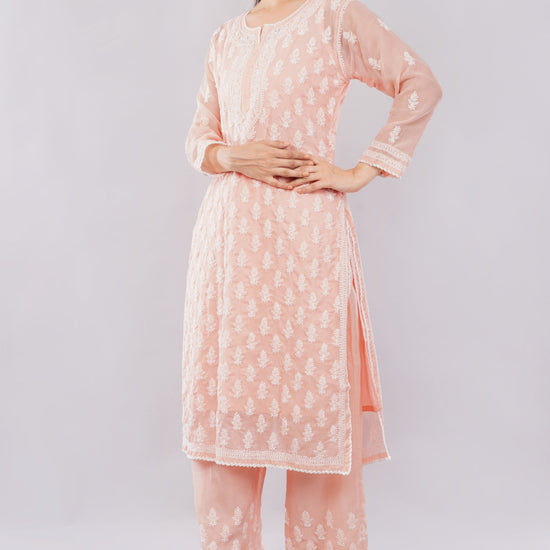 Asra Peach Pink Shadow Work Chikankari Coord Set with Inner - Lucknow Threads
