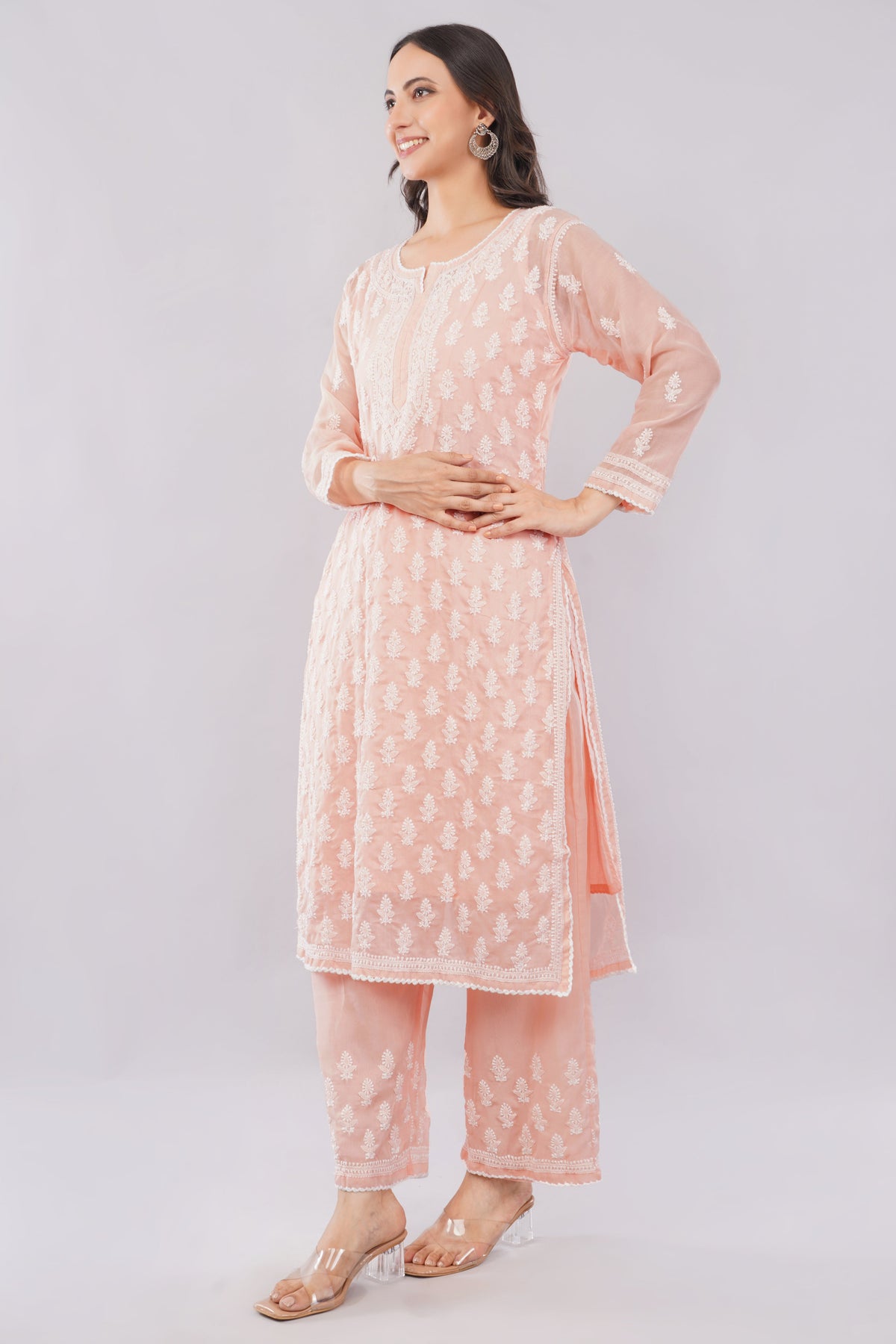 Asra Peach Pink Shadow Work Chikankari Coord Set with Inner - Lucknow Threads