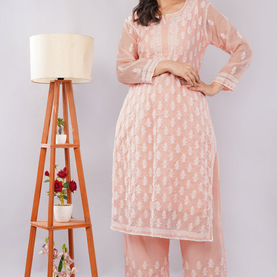 Asra Peach Pink Shadow Work Chikankari Coord Set with Inner - Lucknow Threads