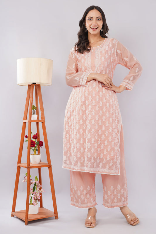 Asra Peach Pink Shadow Work Chikankari Coord Set with Inner - Lucknow Threads