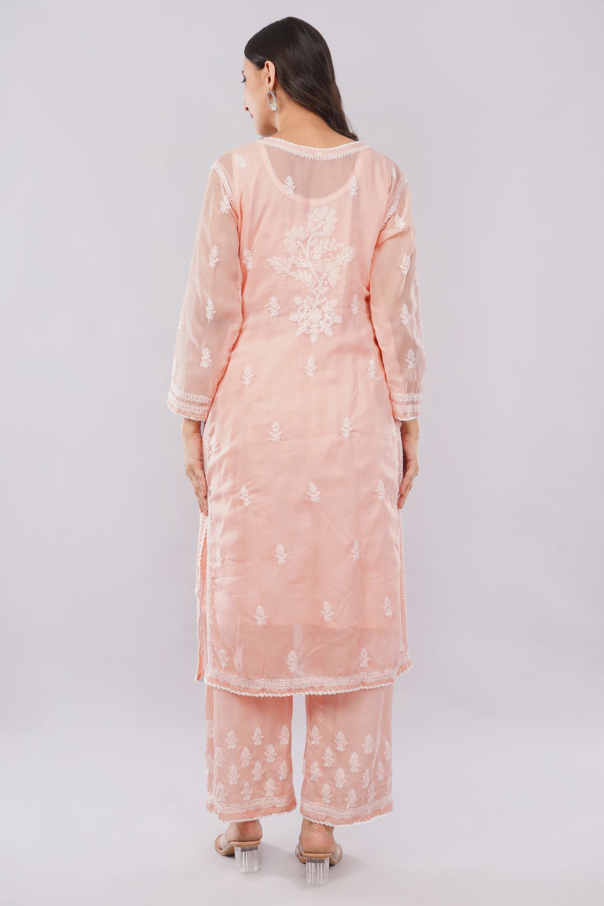 Asra Peach Pink Shadow Work Chikankari Coord Set with Inner - Lucknow Threads