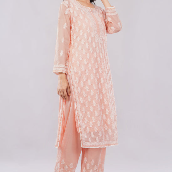 Asra Peach Pink Shadow Work Chikankari Coord Set with Inner - Lucknow Threads