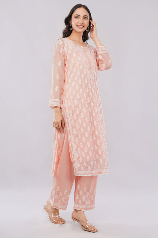 Asra Peach Pink Shadow Work Chikankari Coord Set with Inner - Lucknow Threads