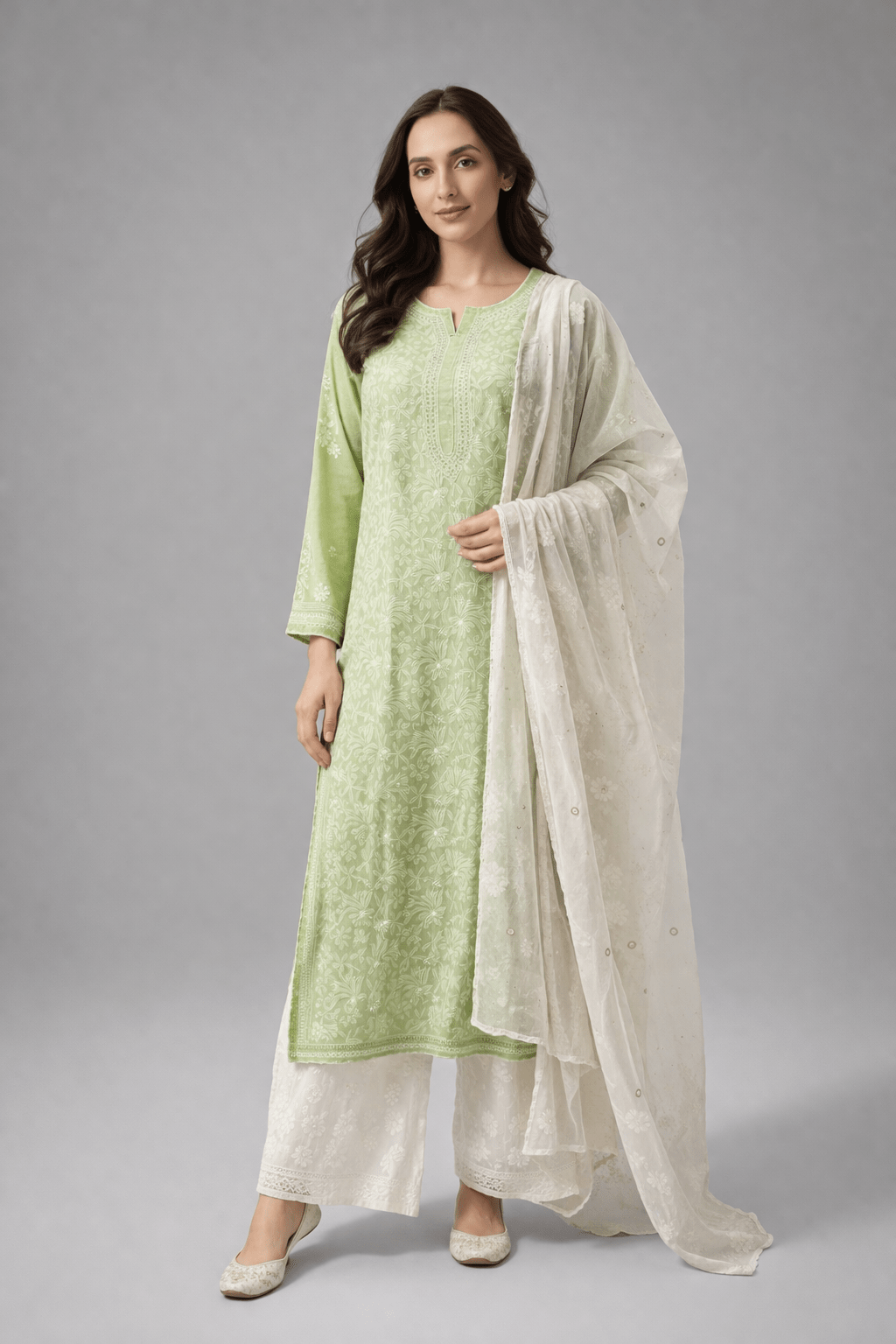Asra – Pista Full Jaal Chikankari Kurta with Inner - Lucknow Threads