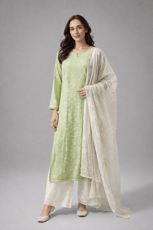 Asra – Pista Full Jaal Chikankari Kurta with Inner - Lucknow Threads