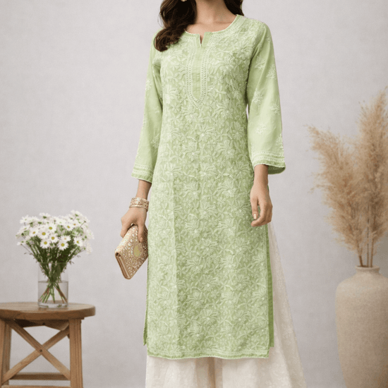 Asra – Pista Full Jaal Chikankari Kurta with Inner - Lucknow Threads